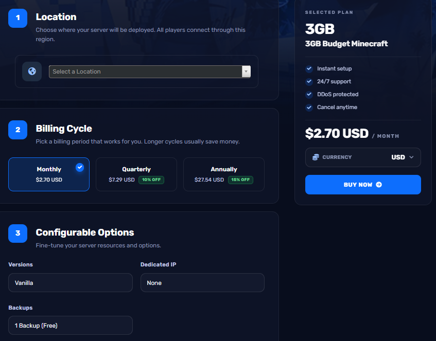 Gravel Host server configuration page with location billing cycle and options