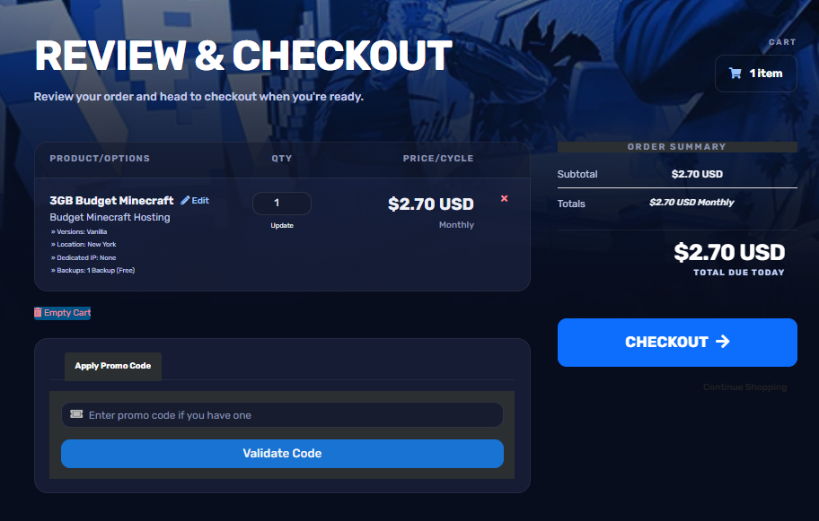 Gravel Host checkout review page with promo code field