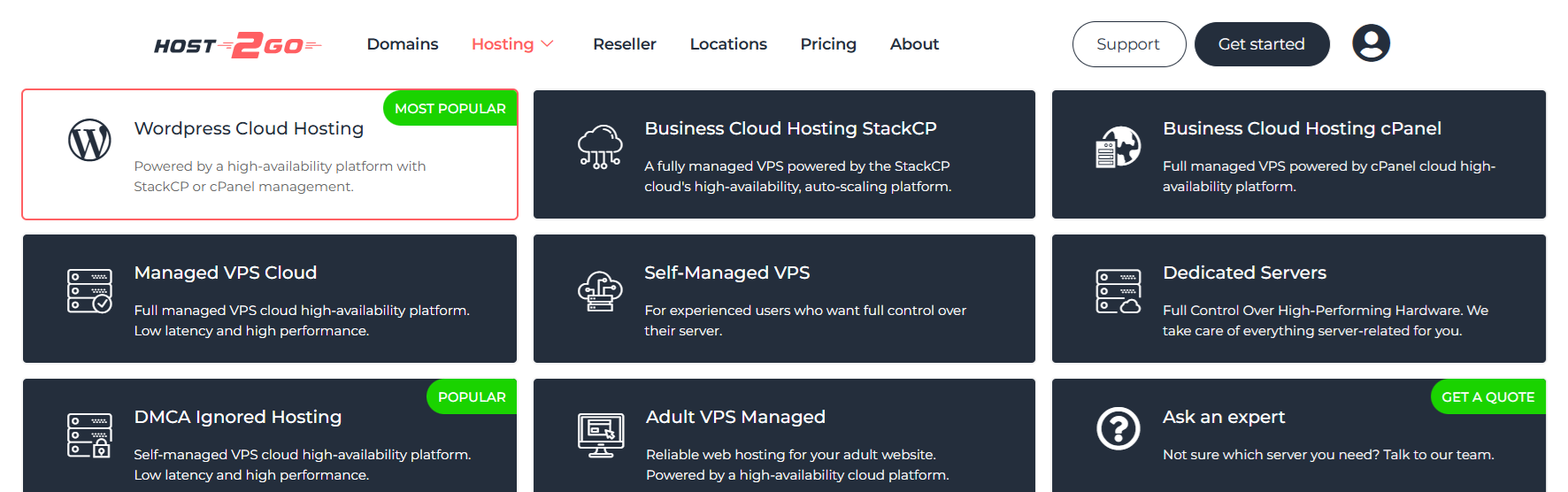 Host2Go hosting services page
