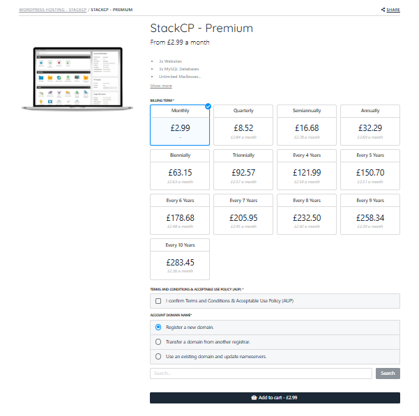 Host2Go billing cycle and domain selection page