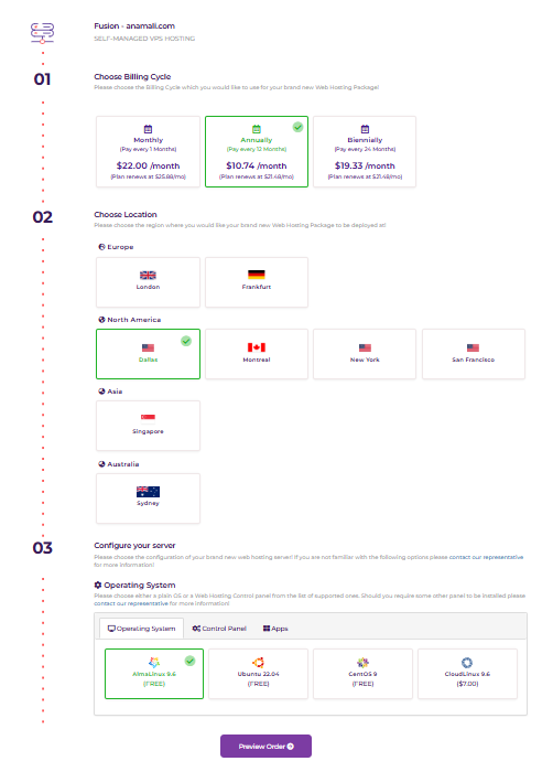Configuration du cycle de facturation, de l’emplacement du serveur et du système d’exploitation de HostArmada OpenClaw Hosting