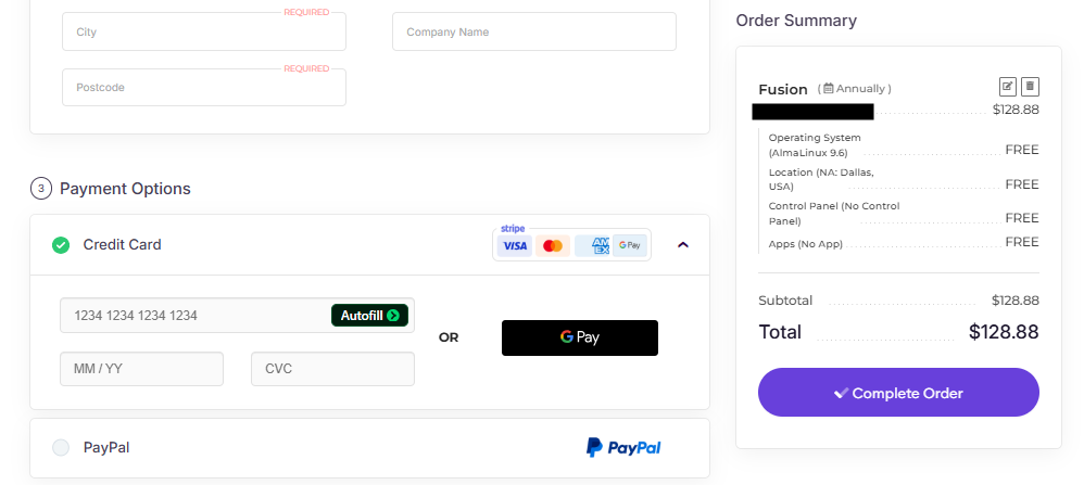 Champ de code promo et récapitulatif de commande de la page de paiement HostArmada OpenClaw Hosting