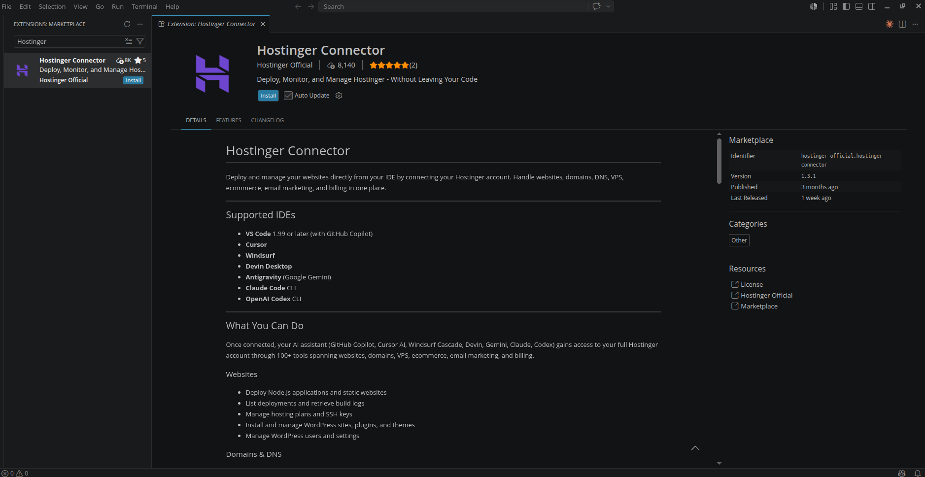 screenshot of Hostinger Connector App
