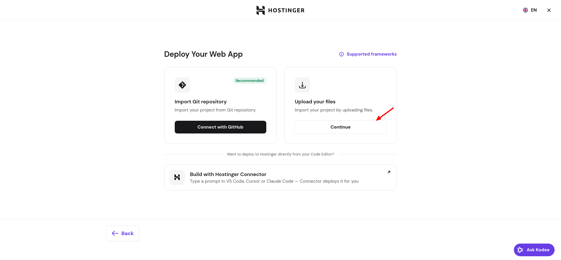 screenshot of the Deploy menu in hpanel