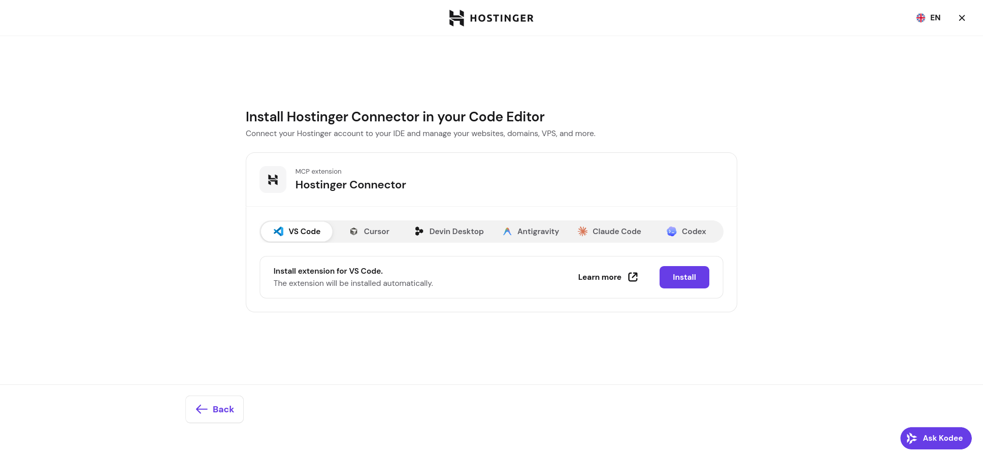 screenshot of the Hostinger Connector installation menu 