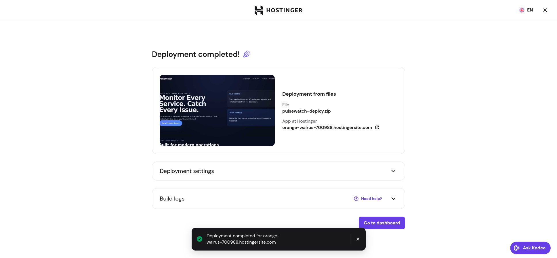 screenshot of the Deployment completed message