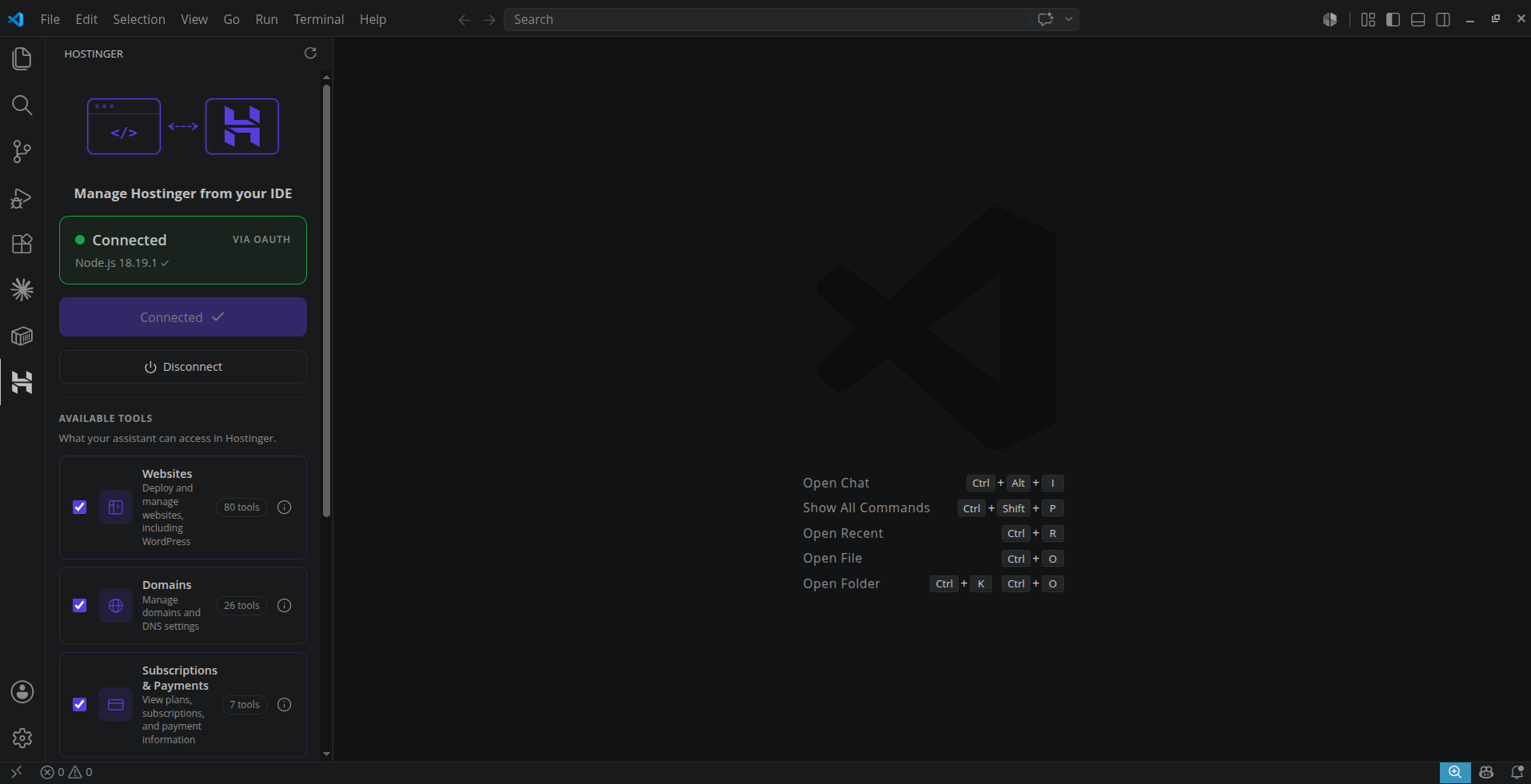screenshot of the connected app to VScode