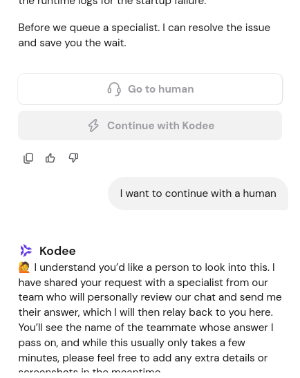 screenshot of the Kodee support conversation