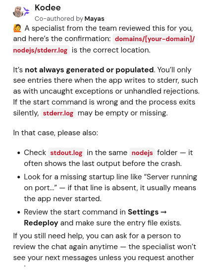 screenshot of the Kodee support conversation