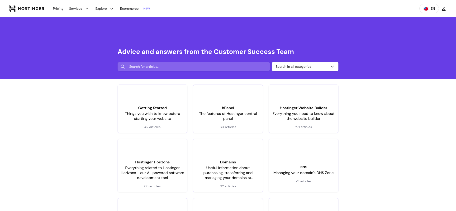 screenshot of the Hostinger Support page