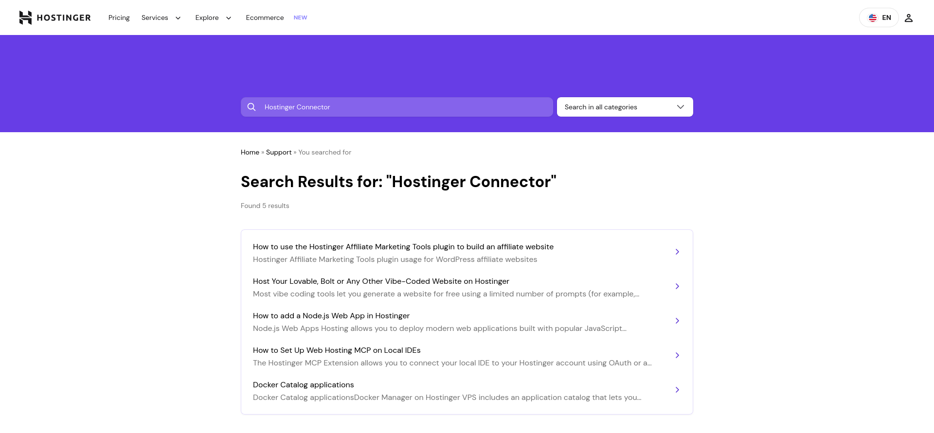 screenshot of the Hostinger Support page 'Hostinger Connector' search results