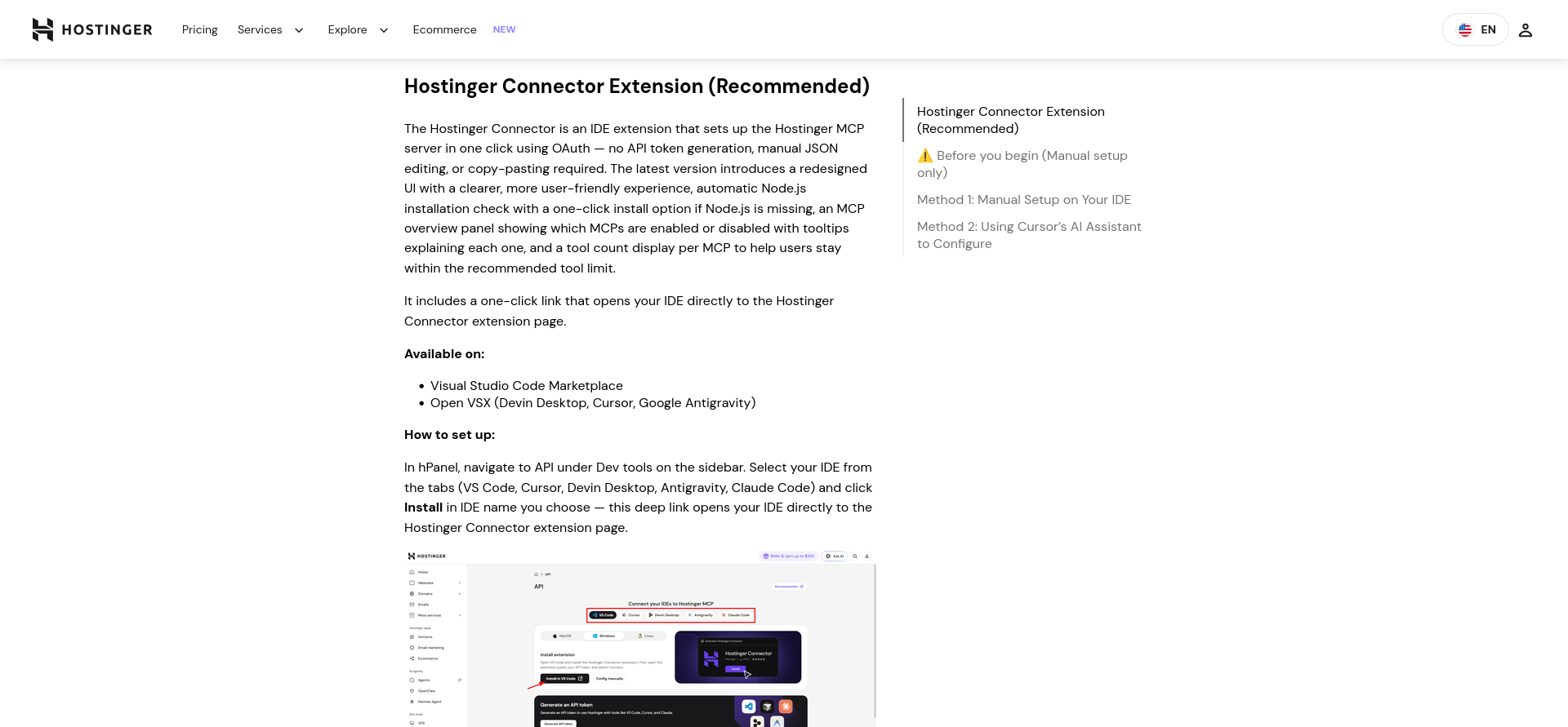 screenshot of the 'Hostinger Connector extension' article 