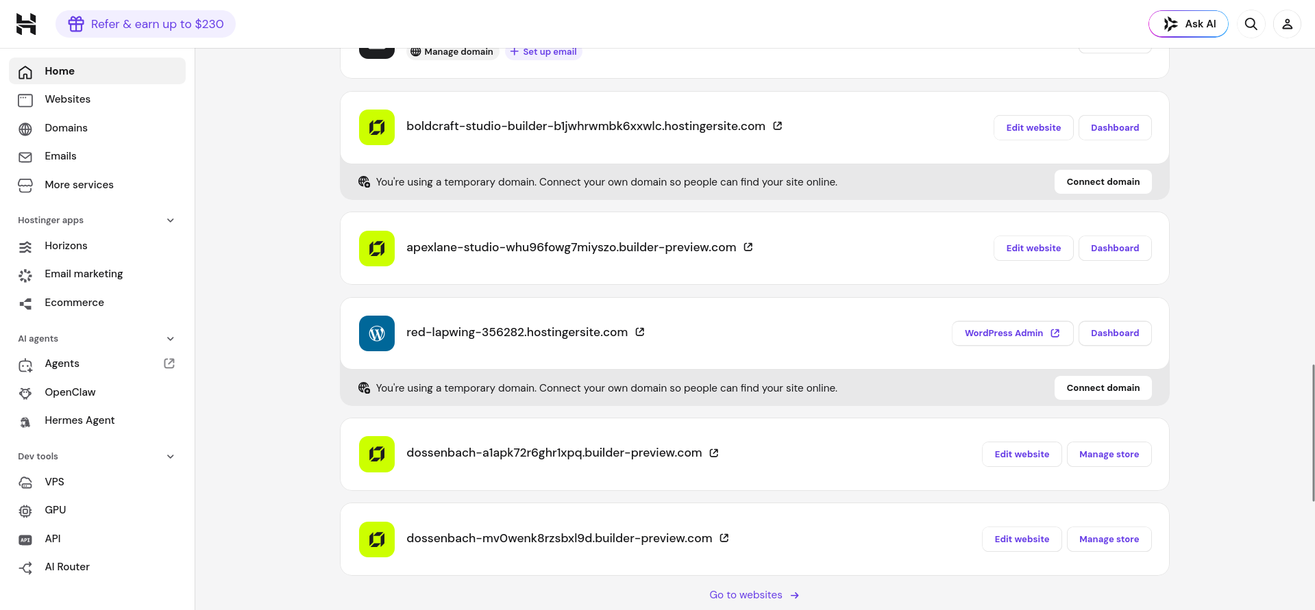 screenshot of the hpanel