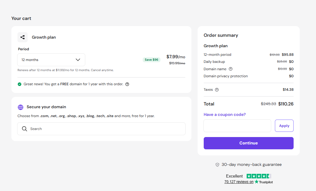 Hostinger ecommerce checkout and domain selection page