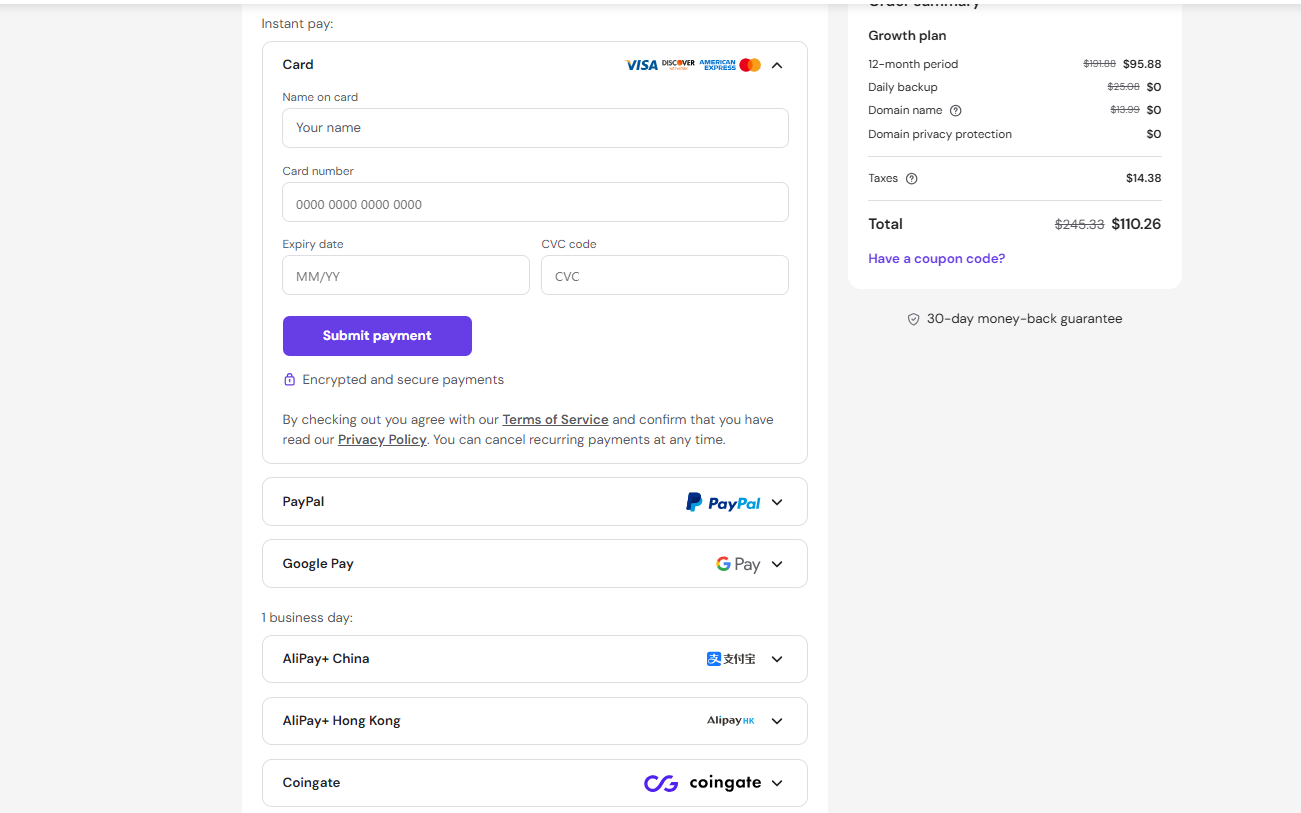 Hostinger ecommerce supported payment methods
