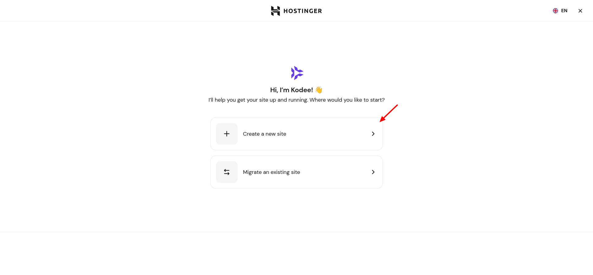 Kodee onboarding screen asking whether to create a new site or migrate an existing site