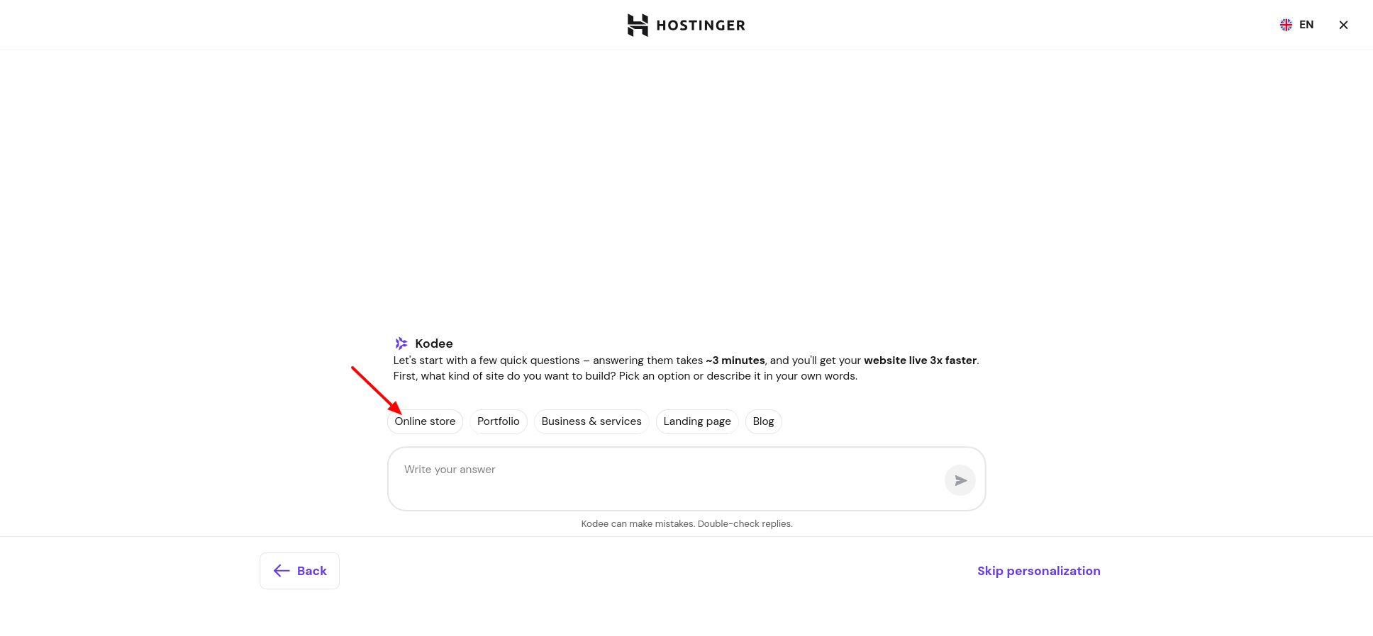 Kodee onboarding screen asking what kind of site to build