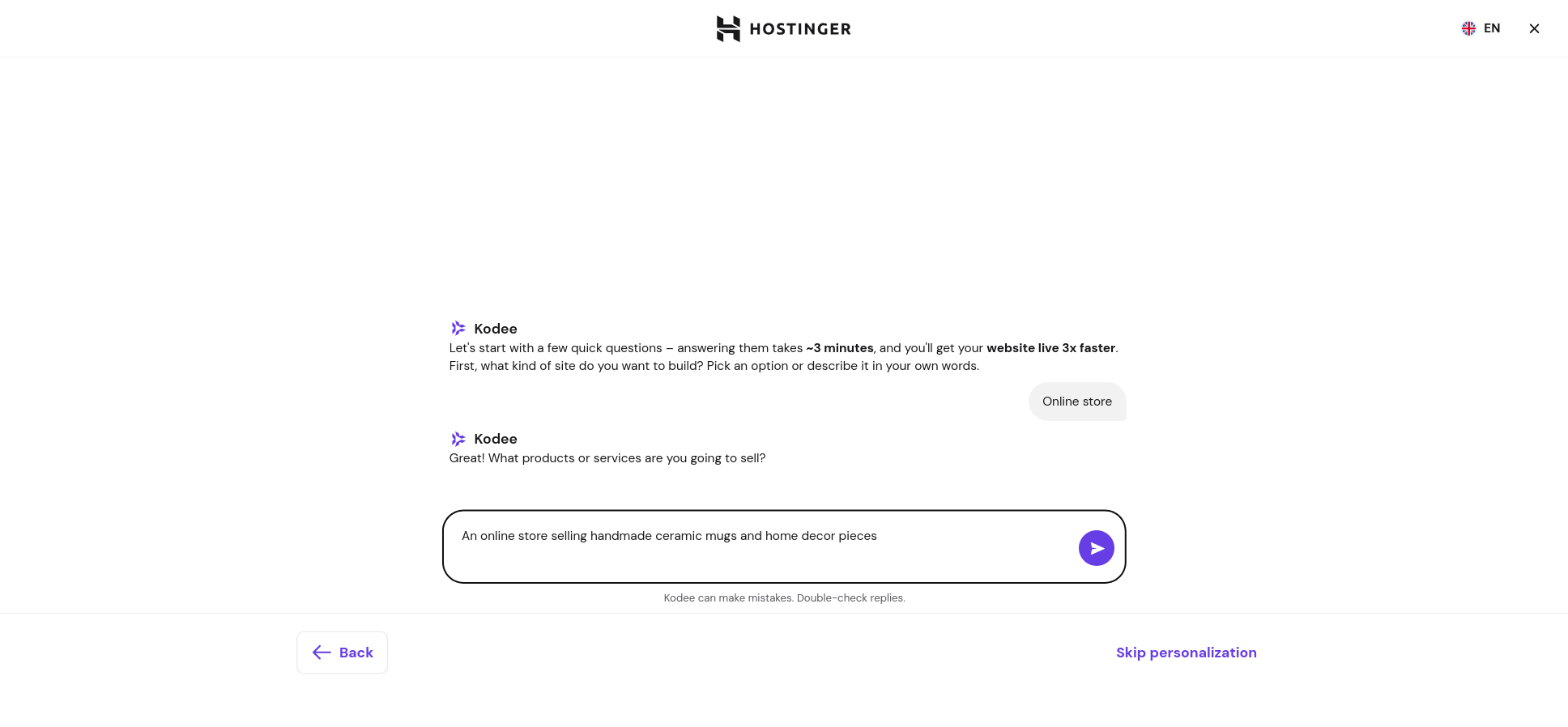 Kodee prompt asking what the online store will sell