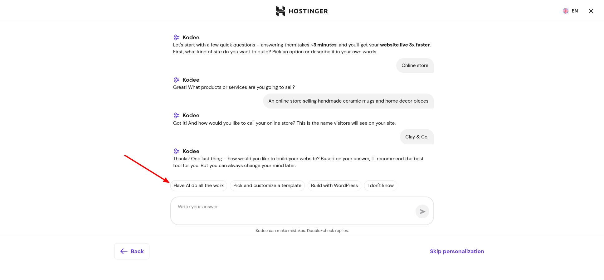 Kodee build method prompt with Have AI do all the work option