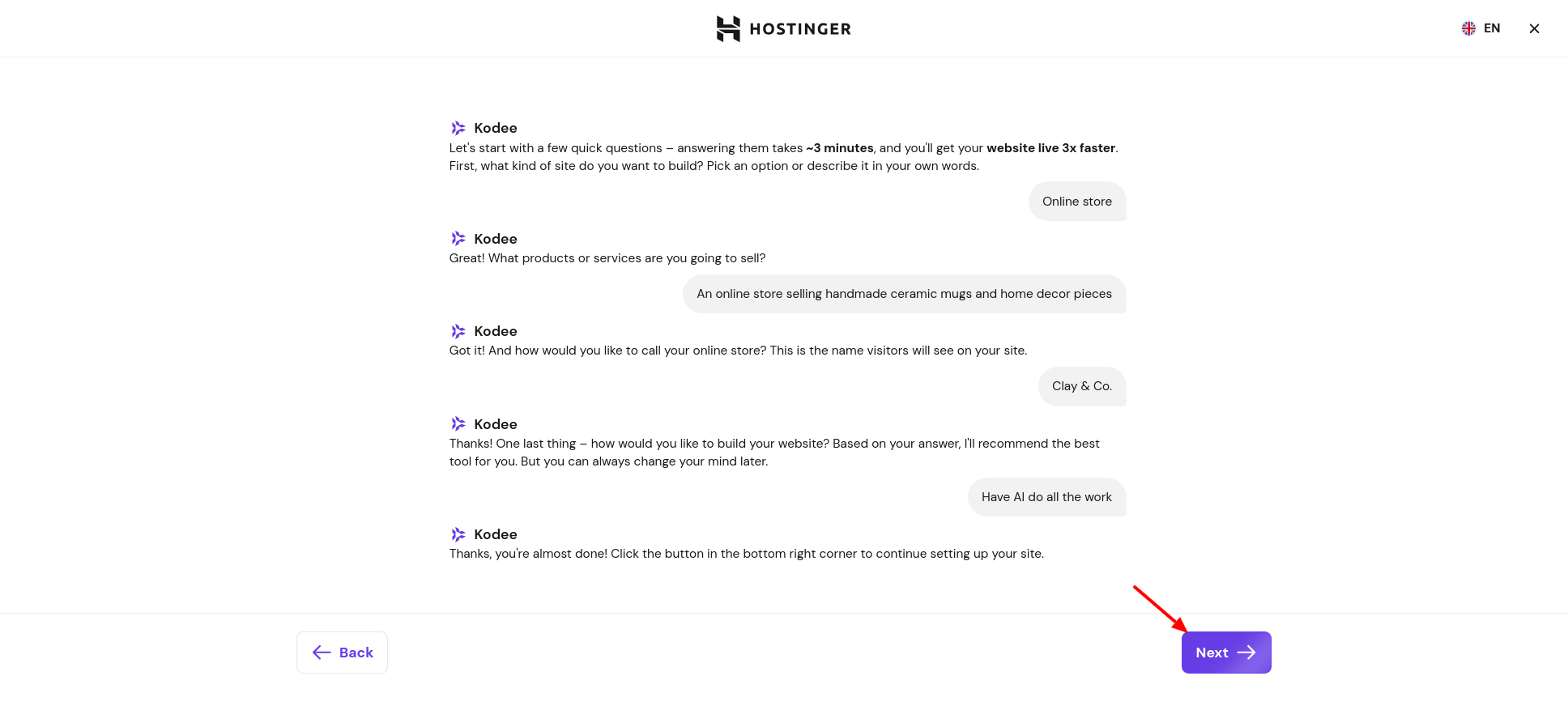 Kodee onboarding completion screen with Next button
