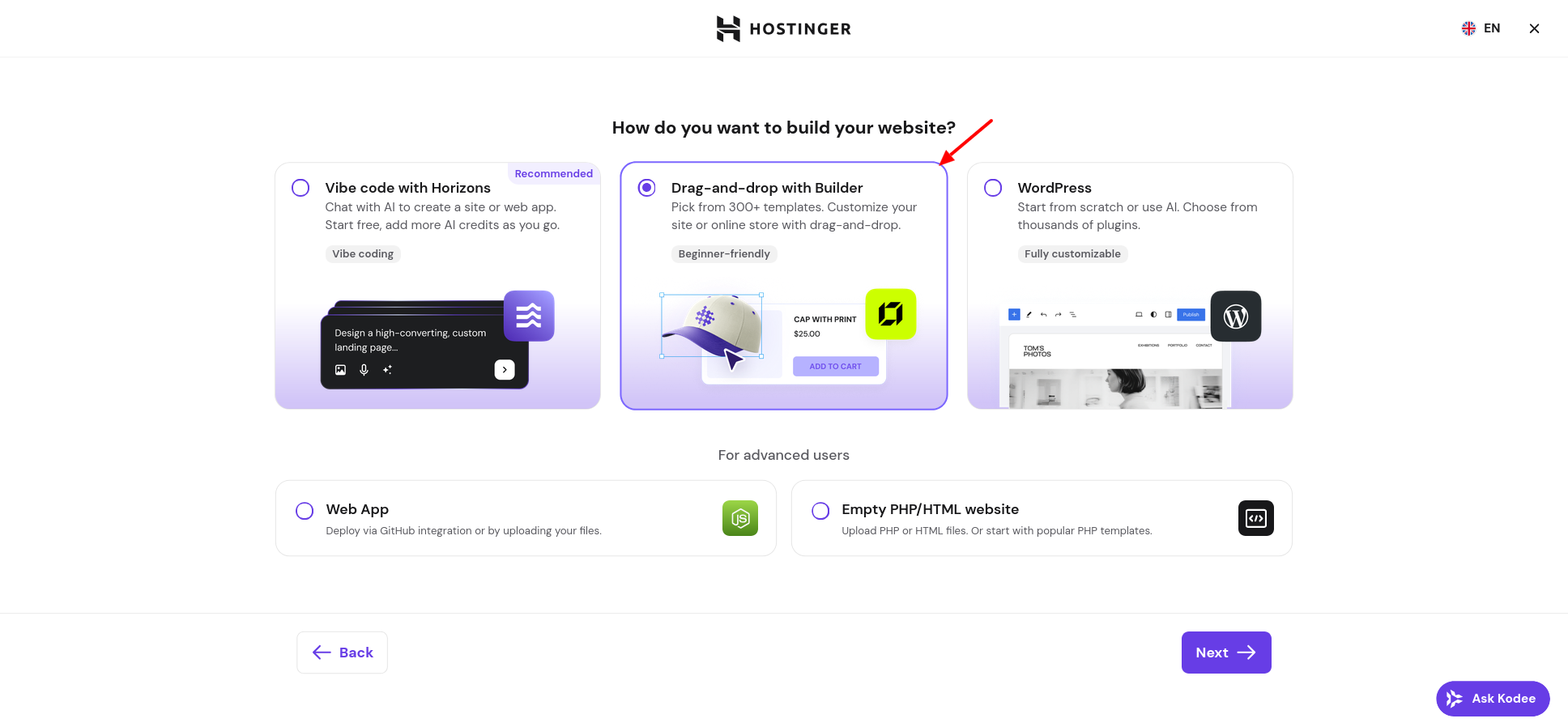 Hostinger website build method picker showing Horizons Builder WordPress Web App and Empty PHP HTML options