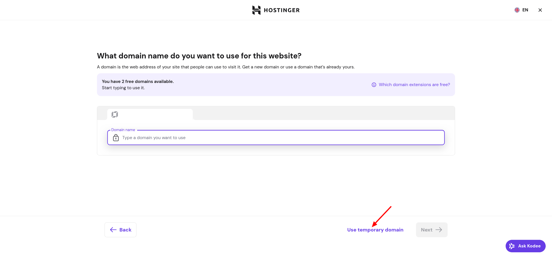 Hostinger domain setup screen with temporary domain option