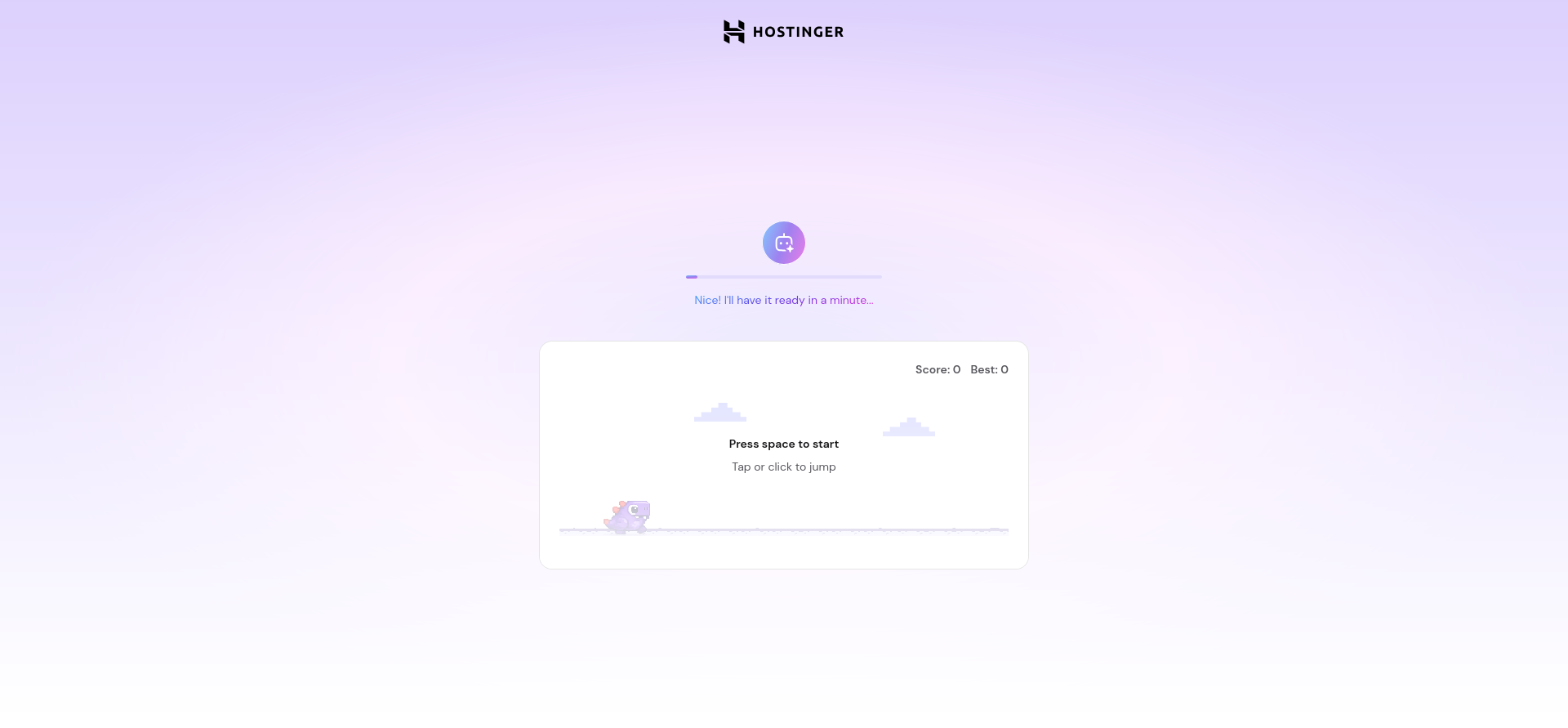 Hostinger site generation screen with jumping dinosaur game