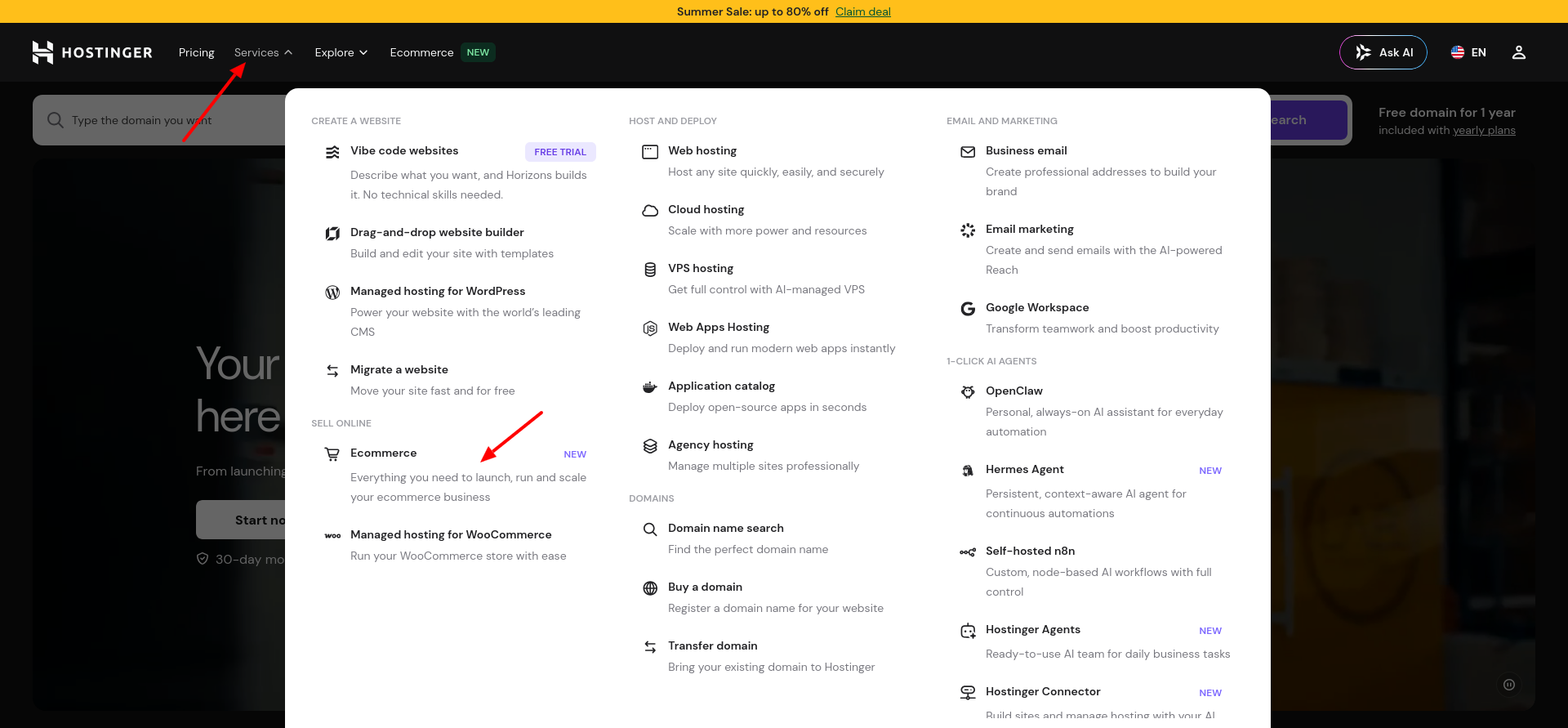 Hostinger Services menu showing Ecommerce under Sell Online