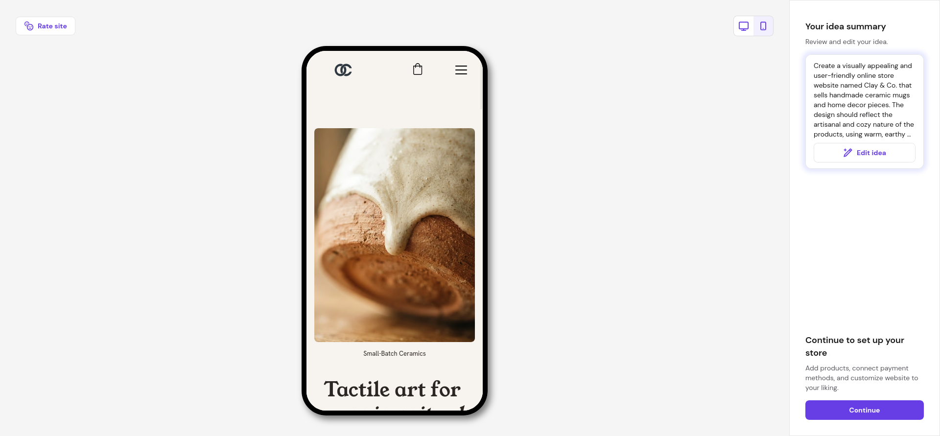 Hostinger generated Clay & Co storefront preview before continuing