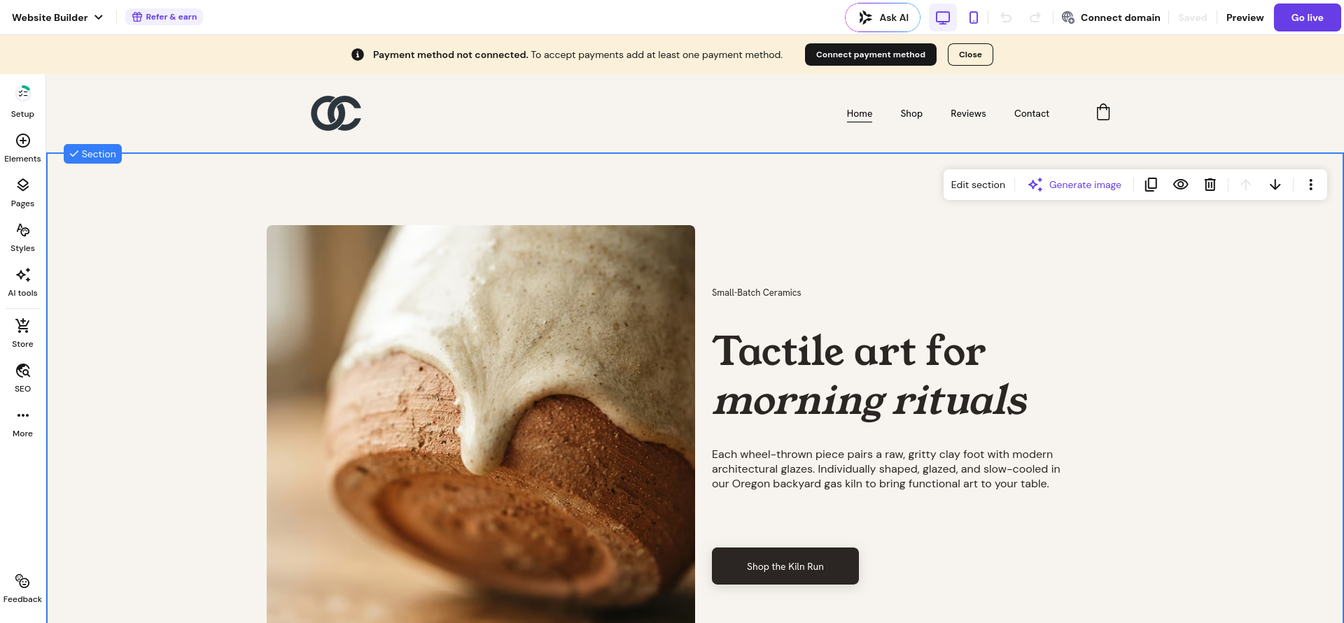 Hostinger Website Builder editor showing generated Clay & Co homepage