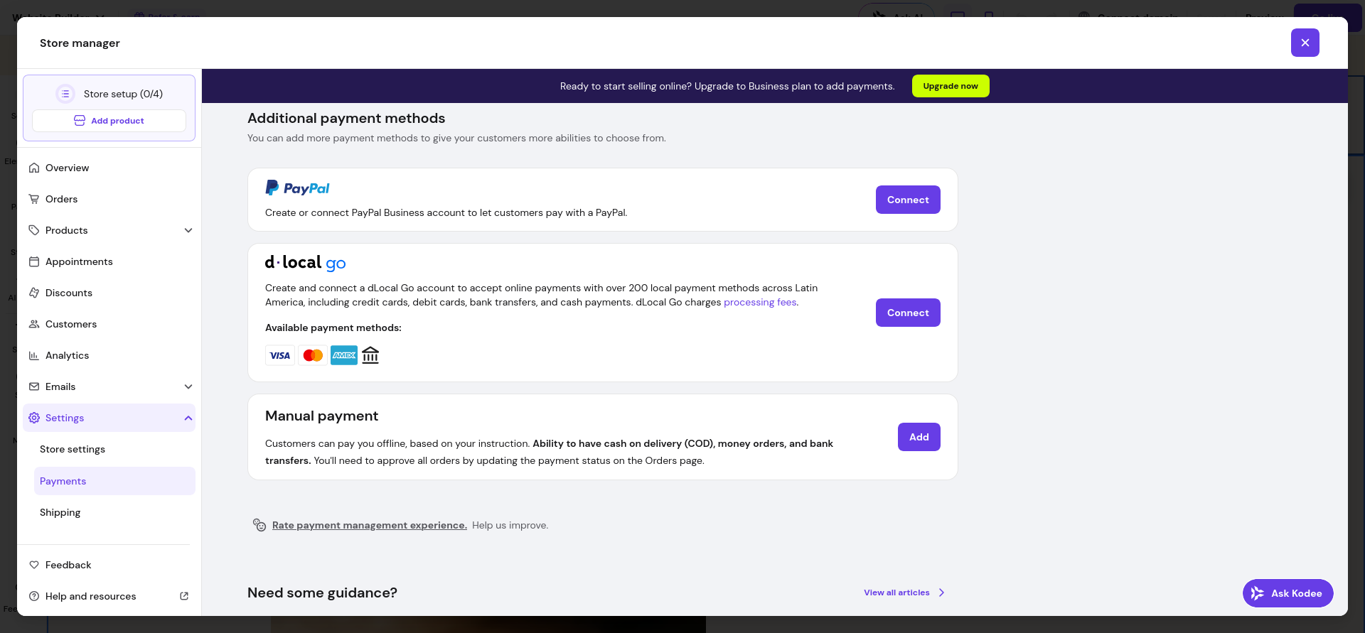 Hostinger Store Manager payment methods list including Stripe PayPal dLocal Go and manual payment