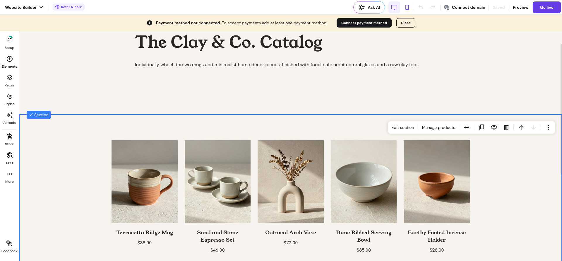 Hostinger Store Manager Products tab with AI-generated product list