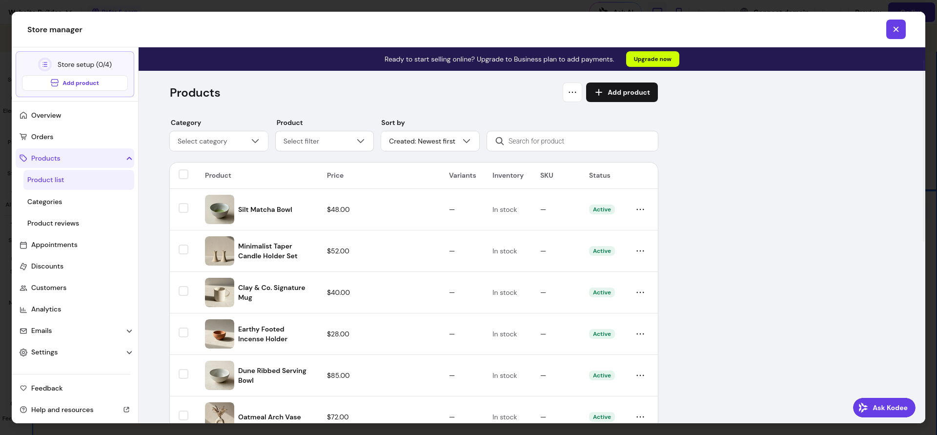 Hostinger Shop page showing AI-generated products and pagination