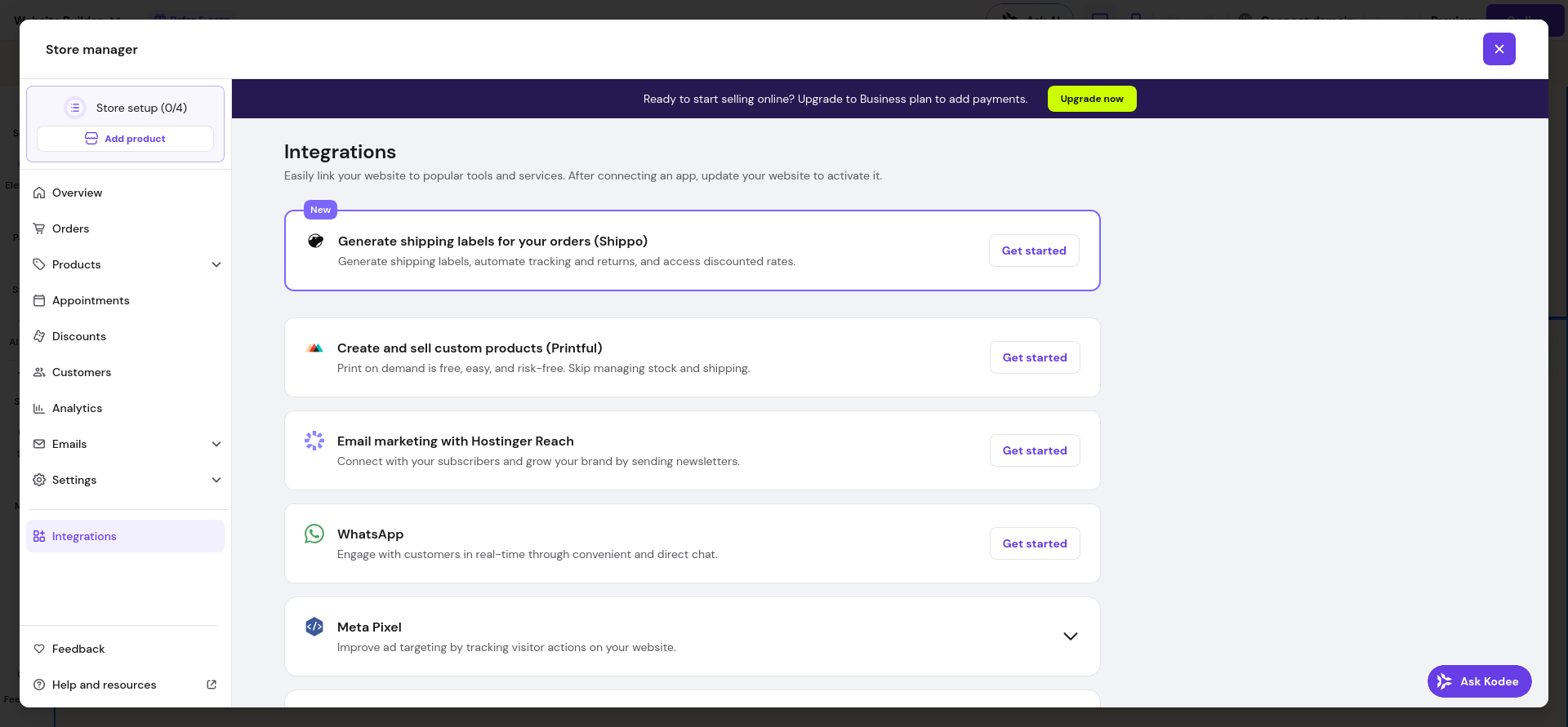 Hostinger Ecommerce integrations page with Shippo Printful Reach WhatsApp and Meta Pixel