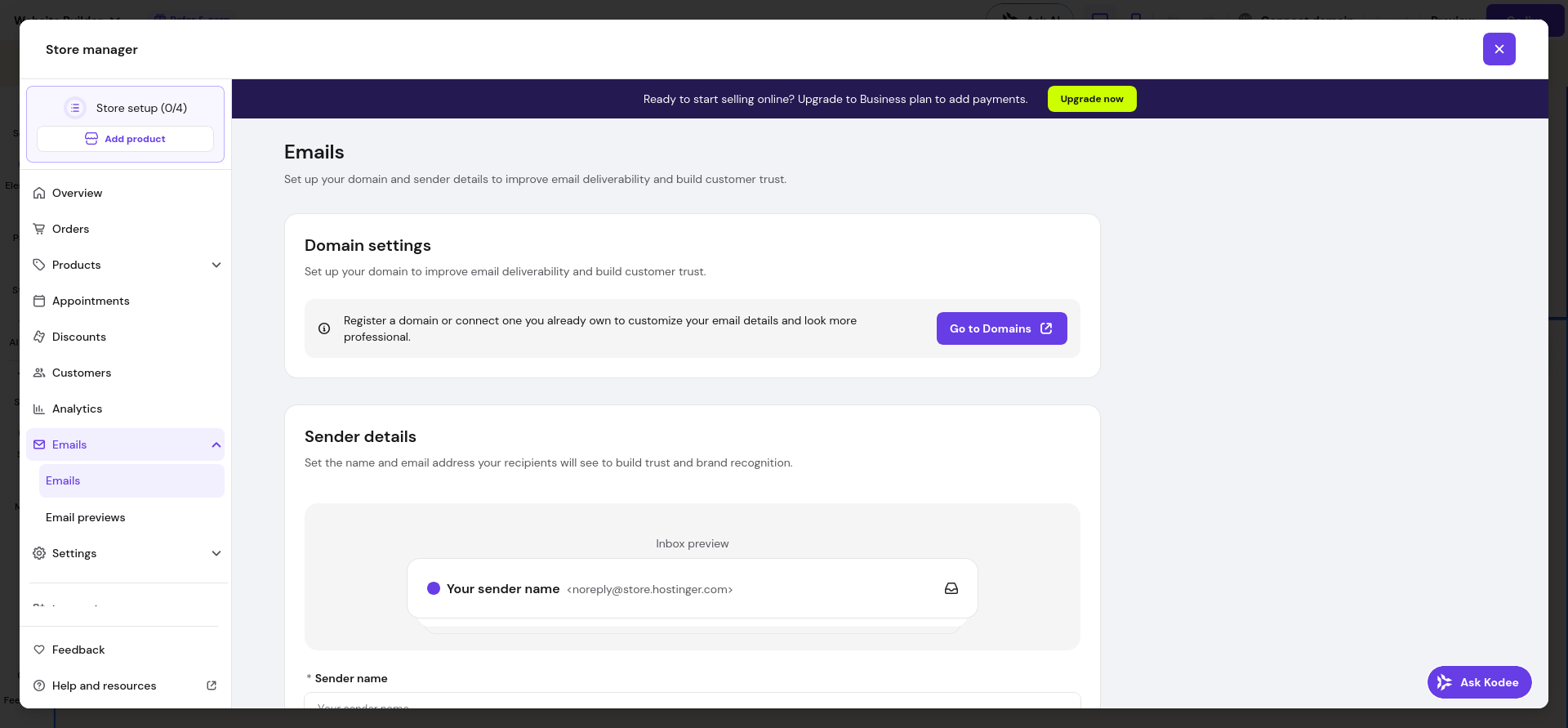 Hostinger Ecommerce email settings page with domain settings and sender details