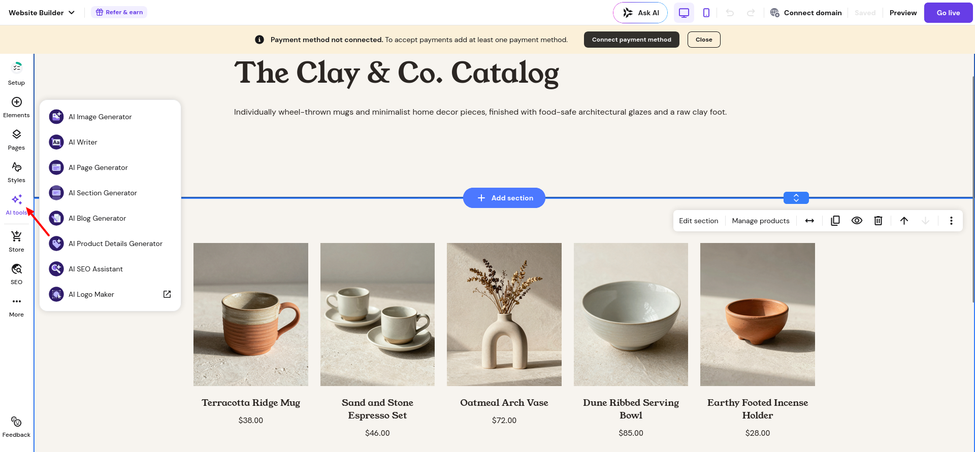 Hostinger Website Builder AI tools menu