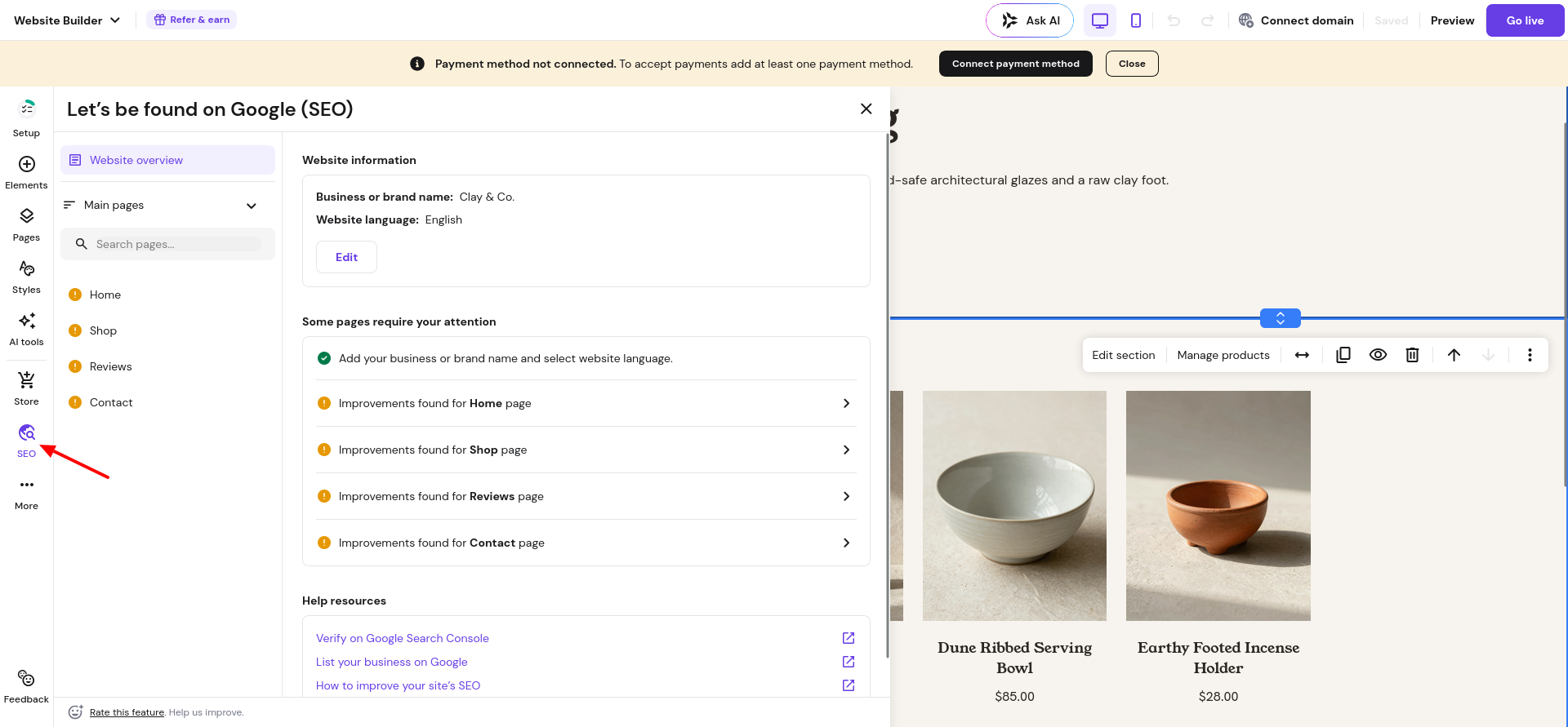 Hostinger SEO panel showing pages needing attention