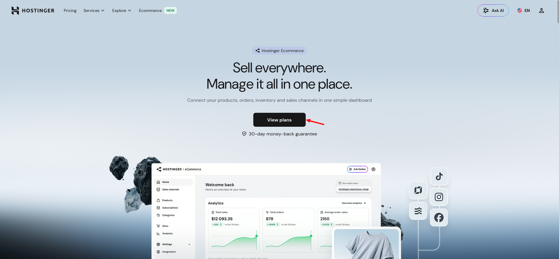 Hostinger Ecommerce landing page with View plans button
