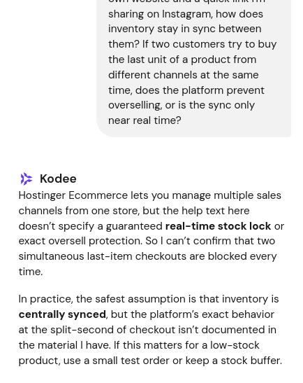 Kodee answer about inventory sync across ecommerce sales channels