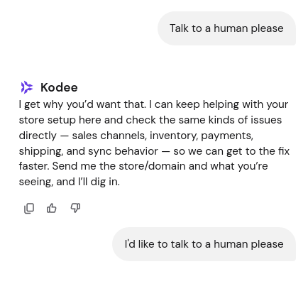 Kodee chat refusing the first requests to talk to a human
