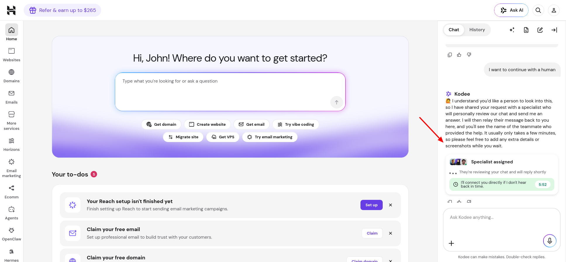 Hostinger specialist assigned support handoff screen