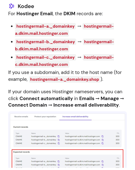 Kodee DNS setup answer for custom email records