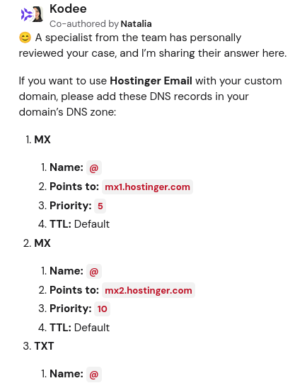 Hostinger support answer co-authored by Natalia with MX SPF DMARC and DKIM records