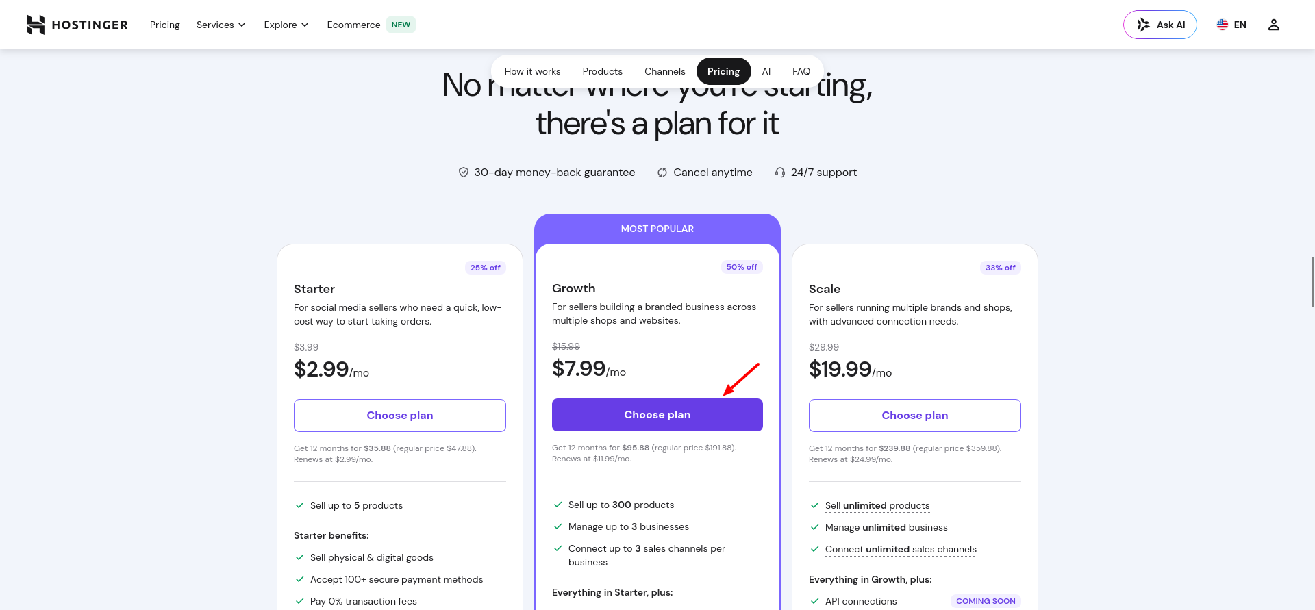 Hostinger Ecommerce Growth plan selection page