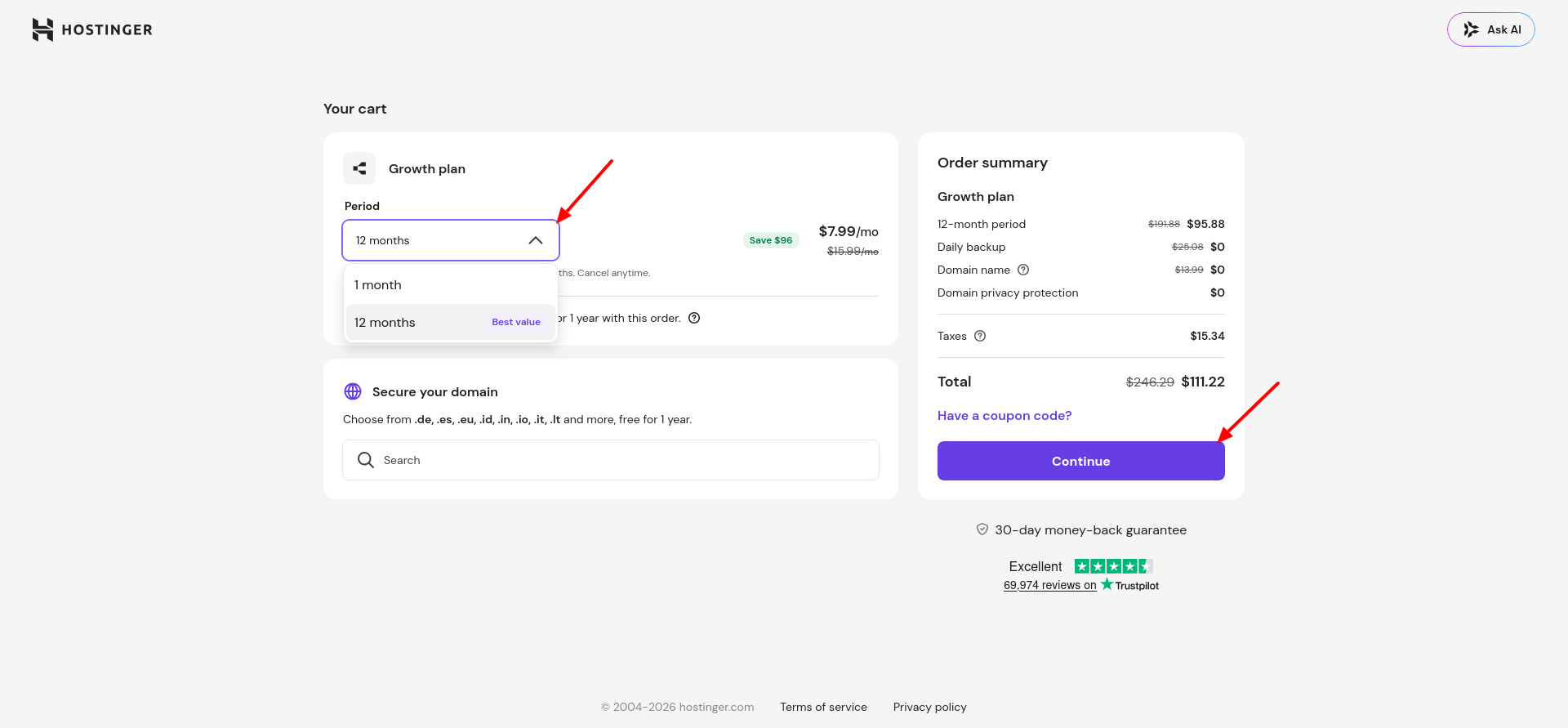 Hostinger Ecommerce cart with Growth plan order summary
