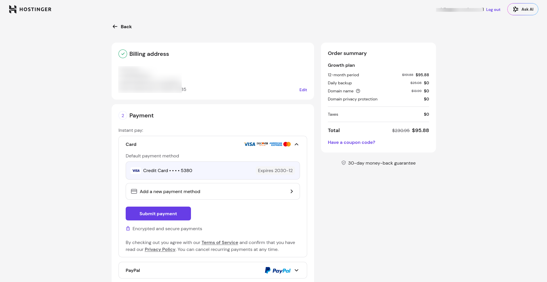 Hostinger payment method page with card PayPal Google Pay Alipay and Coingate options