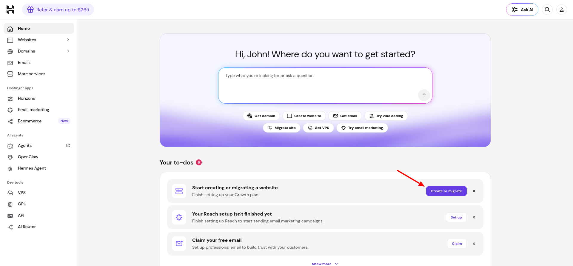 Hostinger hPanel dashboard after purchasing Ecommerce Growth plan