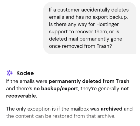 Hostinger support confirmation about unavailable server-side mailbox backups