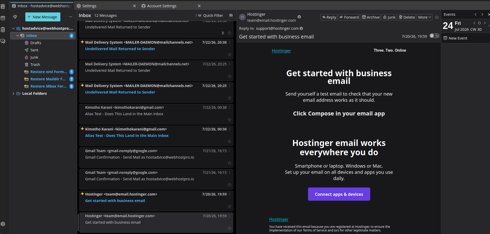 Hostinger email backup through an IMAP client such as Thunderbird