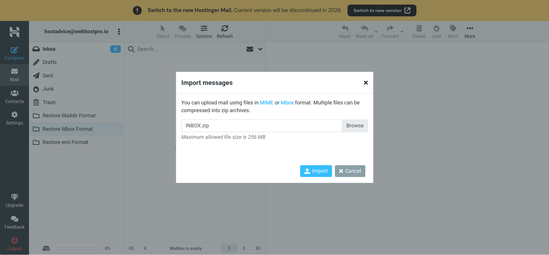 Hostinger old Webmail email backup import dialog